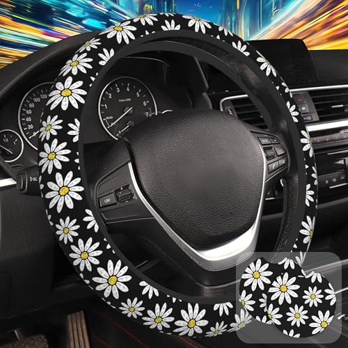 White Daisy Flowers Steering Wheel Cover with 2 Pcs Car Coasters Neoprene Steering Wheel Cover for Women Men Anti-Slip Breathable Car Accessories Universal 15 Inch Fit Auto Cars Trucks - color: White Daisy Flowers