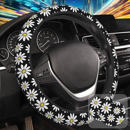 White Daisy Flowers Steering Wheel Cover with 2 Pcs Car Coasters Neoprene Steering Wheel Cover for Women Men Anti-Slip Breathable Car Accessories Universal 15 Inch Fit Auto Cars Trucks - color: White Daisy Flowers