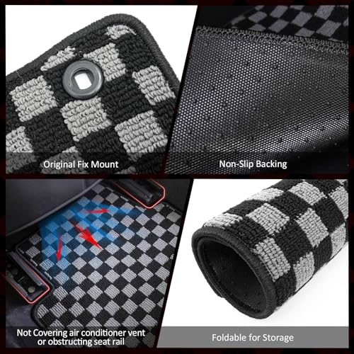 IKON MOTORSPORTS Loop Pile Tufted Car Floor Mats, Compatible with 2016-2021 Honda Civic, Checkered Grey Black Plaid, All Weather Anti-Slip 4PCS Set Car Protector Carpets