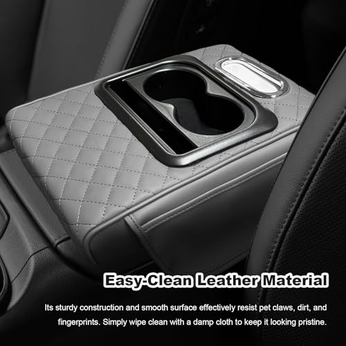 Car Center Console Armrest Pillow, Multifunctional Armrest Box Cover with Cup Phone Tissue Holder & Side Pockets, Waterproof Leather Middle Console Cushion for Most Vehicles (Gray, Embroidered) - color: Gray, size: Embroidered