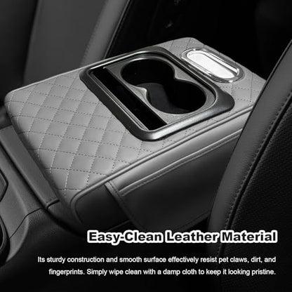 Car Center Console Armrest Pillow, Multifunctional Armrest Box Cover with Cup Phone Tissue Holder & Side Pockets, Waterproof Leather Middle Console Cushion for Most Vehicles (Gray, Embroidered) - color: Gray, size: Embroidered