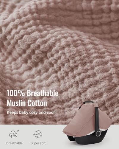 Blissful Diary Baby Car Seat Cover, Extra Large Mesh Window, Breathable Muslin Cotton, Infant Windproof Canopy-Dusty Pink - color: Dusty Pink