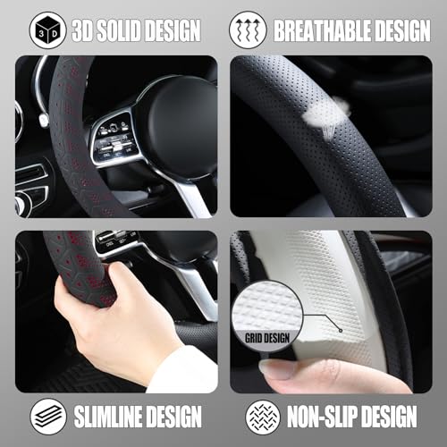 3D Premium Skin-Feel Leather Small D Shaped Steering Wheel Cover, Anti-Slip Breathable Soft Slim Design, 13.5 inch to 14 inch, Black with Red - color: Black with Red, size: D Type-Small[13.5''-14'']