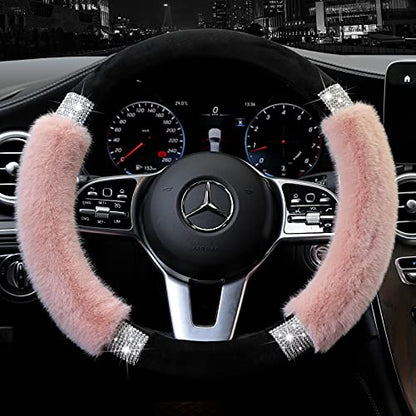 Achiou Rhinestone Fluffy Steering Wheel Cover - Comfortable Non-Slip Luxury Faux Wool, Universal Fit for 14.5" to 15" Steering Wheels - color: Black and Pink