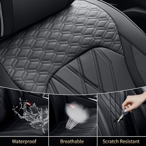Leather Cars Seat Covers Full Set, Waterproof Automotive Seat Covers Seats Full Wrapping Edge Seat Cushion Non-Slip Breathable Universal Fit for Most Car Truck SUV Seat Protection, Black - color: Black, size: FullSet
