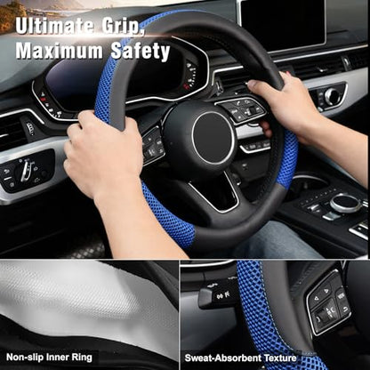 Steering Wheel Cover, Universal 15 inch, Microfiber Leather Viscose, Breathable, Anti-Slip,Warm in Winter and Cool in Summer, Black&Blue - color: blue, size: Standard Size[14.5"-15"]