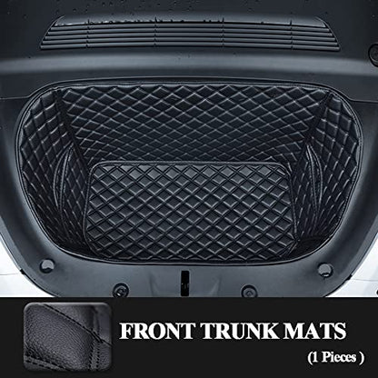 Compatible with Tesla Model Y 2020-2025 Frunk Mats Front Trunk Mat Frunk Organizer Leather All-Weather Full Coverage - color: Black with Black Stitching, size: 2020-2025 Front Trunk Mat