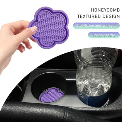4 PCS Car Cup Coasters, Cute Flower Shaped Car Cup Holder Mat, PVC Waterproof Anti Slip Vehicle Cup Holder Insert Coaster, Universal Car Interior Decor Accessories (Purple)