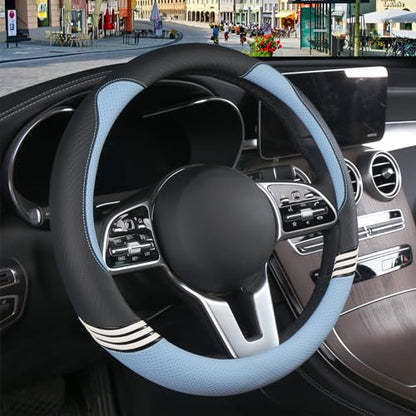 Cute Steering Wheel Cover for Women Men Leather Universal 15 inch,Black and Blue - color: Black with Blue, size: Round-M[14.5''-15'']