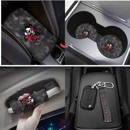 Red Rose and Skull Print 17 Pcs Car Seat Cover Full Set, Car Seat Cover Thickened Non-Slip Floor Mats Steering Wheel Cover Keychains Seatbelt Pad Armrest Cover Cup Coasters - color: Red Rose and Skull Print