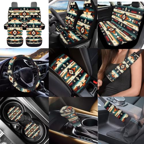 Dreaweet Aztec Car Seat Covers Full Set,Native American Geometric Car Deocr Set of 12,Universal Steering Wheel Cover with Center Console Cover,Cup Coasters,Seatbelt Covers,Gear Shift Handbrake Cover - color: Aztec Geometric