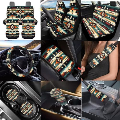 Dreaweet Aztec Car Seat Covers Full Set,Native American Geometric Car Deocr Set of 12,Universal Steering Wheel Cover with Center Console Cover,Cup Coasters,Seatbelt Covers,Gear Shift Handbrake Cover - color: Aztec Geometric