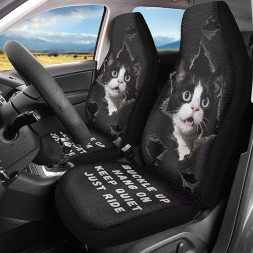 Cow Cat Print Car Front Seat Covers 2 Pack Universal Automotive Bucket Seat Covers Comfy & Breathable Car Interior Cover for Most Cars - color: Black and White - Cow Cat