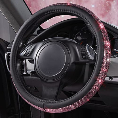 CAR PASS Bling Diamond Leather Steering Wheel Cover, Bling Sparkly Crystal Glitter Rhinestones Universal Fit 14" 1/2-15" Car Wheel Protect for Women Girl Fit Suvs,Vans,Sedans,Cars,Trucks, Pink Black - color: Pink Diamond on Velvet