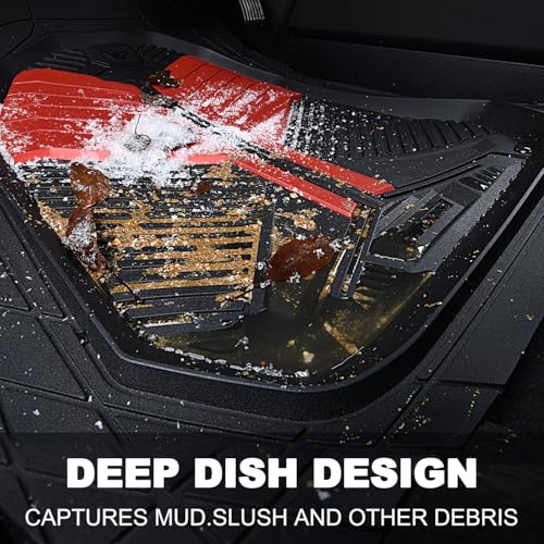 CAR PASS Heavy Duty Rubber Car Mats, Deep-Dish Car Floor Mats All Weather, Universal Two-Tone Trim-to-Fit for SUVs Trucks Sedans, Waterproof Anti-Slip, 3 Pieces V12 Black and Metallic Red - color: Red and Black