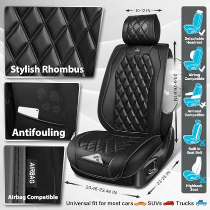 CAR PASS Luxury Nappa Leather Car Seat Covers Full Set, 3D Rhombus Waterproof Premium Leather Seat Covers, Universal Automotive Seat Cushion Fit for Sedan SUV Truck Van, Airbag Compatible Solid Black - color: Black