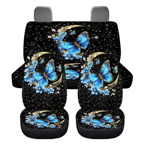 Butterfly Car Interior Accessories Set Butterfly Moon Car Seat Covers Full Set of 4 Pcs Auto Front Rear Seat Cover Split Bench Back Protector for Women Vehicle Bucket Cushion Cover Stretch - color: Butterfly Moon Flower