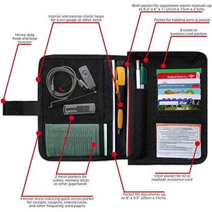 Glove Box Compartment Organizer - Car Document Holder - Owner Manual Case Pouch - Vehicle Storage Wallet for Registration & Insurance Card - Premium Auto Paperwork Holder - Log Book included - Black