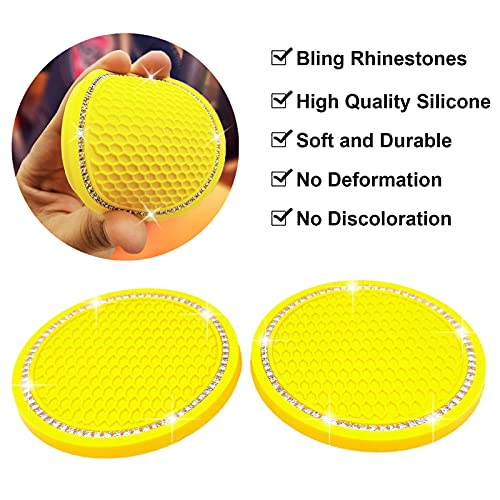 Fluffy Car Accessories Set, Fur Cute Fluffy Steering Wheel Cover Set for Women & Furry Handbrake & Gear Shift Covers & Car Rearview Mirror Pendant & 2 Pieces Bling Coasters (Yellow) - color: yellow