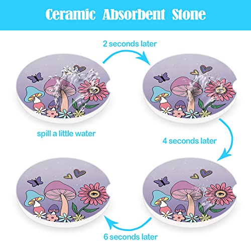 Car Coasters 2 Pack,2.56" Ceramic Stone Car Cupholder Absorbent Coaster Set for Women Men Drink Cup Holder Coasters Car Accessories(Skull Sunflowers) (Purple Mushroom) - color: Purple Mushroom