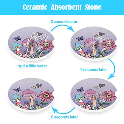 Car Coasters 2 Pack,2.56" Ceramic Stone Car Cupholder Absorbent Coaster Set for Women Men Drink Cup Holder Coasters Car Accessories(Skull Sunflowers) (Purple Mushroom) - color: Purple Mushroom