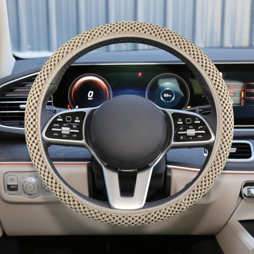 Elastic Stretch Steering Wheel Cover, 15" Breathable Microfiber Ice Silk Steering Wheel Protector, Universal Anti-Slip Car Warm in Winter&Cool in Summer Accessories for Men Women (Beige) - color: Beige