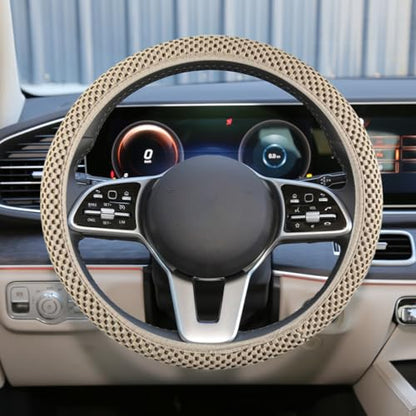 Elastic Stretch Steering Wheel Cover, 15" Breathable Microfiber Ice Silk Steering Wheel Protector, Universal Anti-Slip Car Warm in Winter&Cool in Summer Accessories for Men Women (Beige) - color: Beige