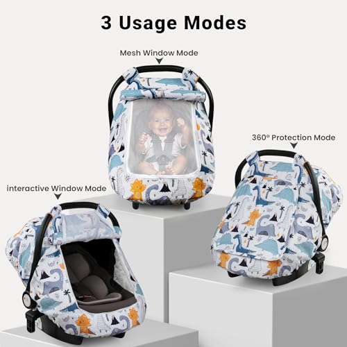 Elstey Car Seat Cover Baby, Minky Dot Carseat Covers Baby Boys Girls, Lightweight Infant Car Seat Cover Canopy with 2 Layers Breathable Mesh Windows, Stroller Carrier for Babies Newborn Essentials - color: Blue Dinosaur