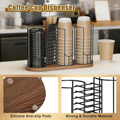 Coffee Cup Dispenser Rack with Wood Base, 18oz Cup Holder Organizer for Storing Paper Cups, Straws, Lids and Disposable Tableware(4-compartment) - color: Black 4-Compartment