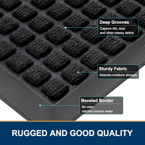 Smiry Front Door Mat Outside Entrance, Heavy Duty Natural Rubber Doormat, Non Slip, Trap Dirt and Moisture, Easy Clean, Low Profile Welcome Floor Mats for Indoor Outdoor Entry, 47x32 Inch, Black