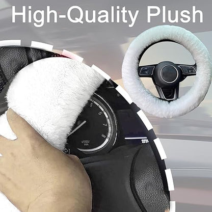Fluffy Steering Wheel Cover for Women/Girls/Ladies Fuzzy Steering Wheel Cover Winter Warm Faux Wool Plush Car Wheel Cover Furry Steering Wheel Protector Universal Fit 15 Inch (White)