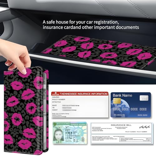 Premium Car Registration and Insurance Card Holder, Cute PU Leather Car Document Holder, Vehicle Glove Box Car Organizer with Magnetic Closure for Driver License, Cards Hot Lip Leopard - color: Hot Lip Leopard