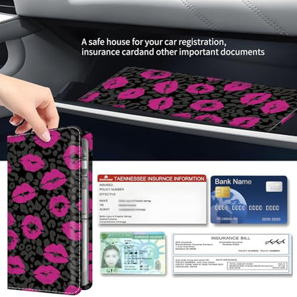 Premium Car Registration and Insurance Card Holder, Cute PU Leather Car Document Holder, Vehicle Glove Box Car Organizer with Magnetic Closure for Driver License, Cards Hot Lip Leopard - color: Hot Lip Leopard