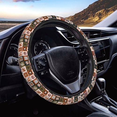Retro Boho Abstract Art Geometry Floral Steering Wheel Cover for Women Men, Non-Slip Steering Wheel Protector Car Wheel Covers, Universal 15 Inch Fit for Auto, Suvs, Truck - color: Retro Boho Geometry Floral