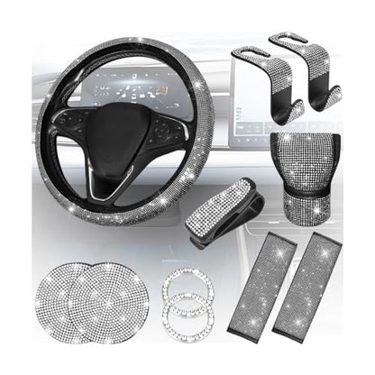 11PCS/Set Bling Car Accessories Set for Women, Rhinestone Vehicle Steering Wheel Cover Seat Belt Cushion Gear Shift Protector Cup Holder Coaster, Universal Automotive Accessories (White)