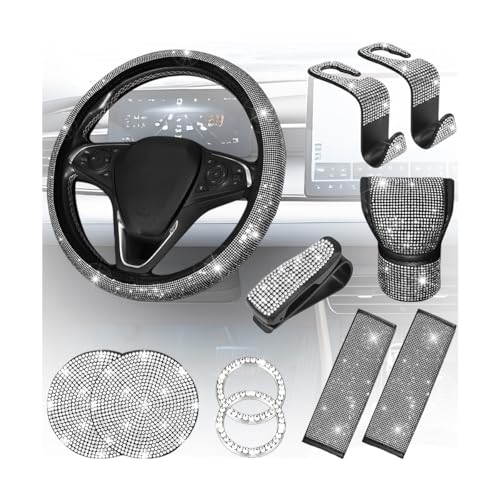 11PCS/Set Bling Car Accessories Set for Women, Rhinestone Vehicle Steering Wheel Cover Seat Belt Cushion Gear Shift Protector Cup Holder Coaster, Universal Automotive Accessories (White)
