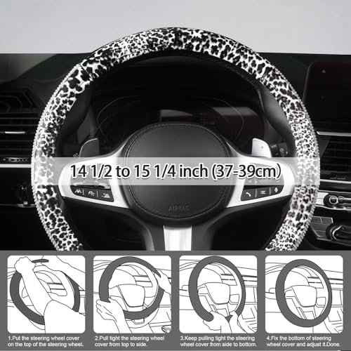 AUTOYOUTH Leopard Print Steering Wheel Cover - Bling Crystal Rhinestones Cheetah Print on PVC Leather Non-Slip Breathable Design for Women/Girls Universal Fit 14.5-15 Inch - White - color: WHITE