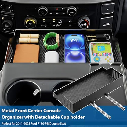 All Metal Front Center Seat Headrest Organizer Compatible with 2011-2025 2026 Ford F150 F250 F350 F450 F550 F650, Center Console Container Storage Box Armrest Tray Accessories (Jump Seat Only) - style: Organizer