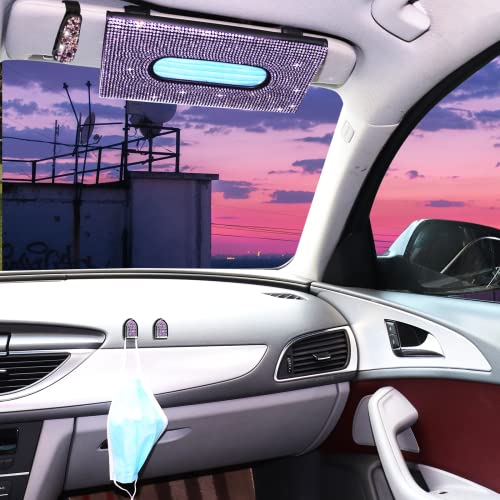 Car Visor Tissue Box Holder, Bling Crystals PU Leather Napkin Holder, Glitter Car Visor Accessories with Sparkly Mask Hook Clip for Women, Gift for Christmas Thanksgiving (Purple 4 pcs)