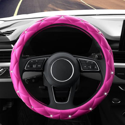 YOGURTCK Cute Diamond Soft Leather Anti-Slip Steering Wheel Cover with Bling Bling Crystal Rhinestones, Universal 15 Inch for Women Girls, Fit Vehicles, Sedans, SUVs, Vans, Trucks - Hot Pink - color: A-Hot Pink