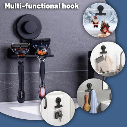 No-Drill Suction Cup Razor and Shaver Holder, Stainless Steel Shower Hook for Towel & Loofah, Damage-Free Reusable Bathroom Wall Organizer 2 Pack Matte Black - color: Matte Black