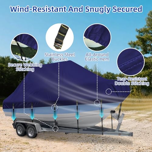 Marine Grade Waterproof Center Console Boat Cover with T Top Roof, Tear Resistant Trailerable Storage Covers, All-Weather Protection T-Top Boat Cover 18-20 ft, Beam Width Up to 106", Navy - color: Navy, size: 18'-20' Long (Beam Width Up to 102")