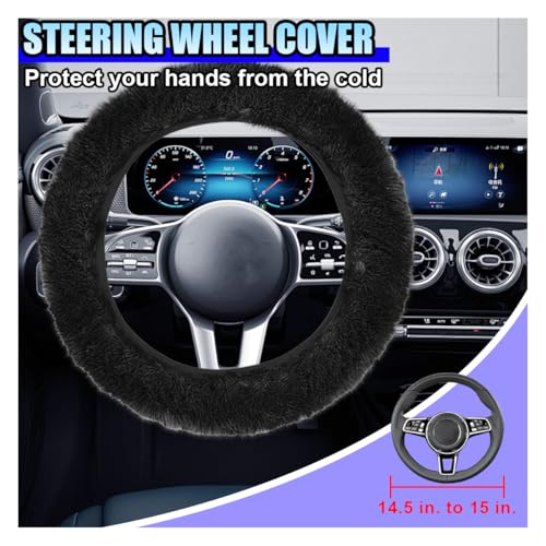 10PCS Fluffy Car Accessories Set, Furry Steering Wheel Cover with Warm Fuzzy Gear Shift Cover Ball Keychain Handbrake Cover Console Seat Belt Shoulder Pads & Diamond Ignition Ring Cup Mats (Black) - color: Black