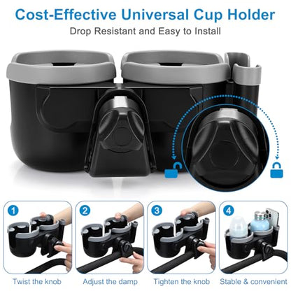 Accmor Stroller Cup Holder with Phone Holder, Bike Cup Holder, Universal Cup Holder for Uppababy Nuna Doona Strollers, 2-in-1 Cup Holder for Walker, Wheelchair, Scooter - color: Double Holder-Grey