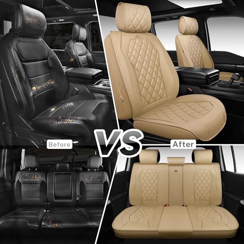 CAR PASS Luxury Nappa Leather Seat Covers Full Set, 3D Rhombus Waterproof Faux Leather Seat Covers, Universal Automotive Seat Cushion Fit for Most Sedan SUV Truck Van, Armrest Airbag Compatible Beige - color: beige