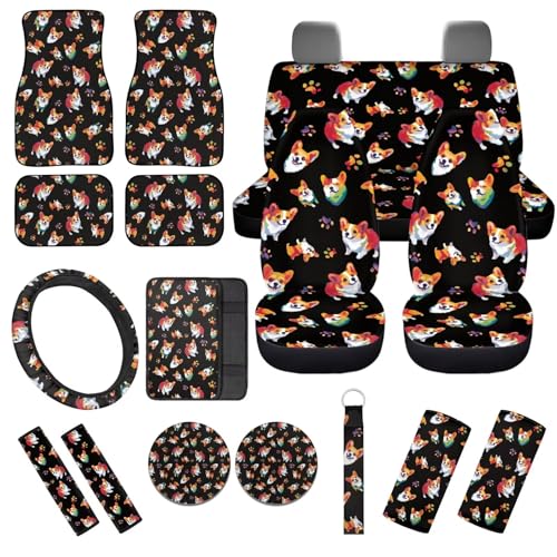Cute Corgi Paw 17 Pcs Car Accessories Seat Covers Full Set with Floor Mats Center Console Pad Cup Holders Seat Belt Pads Steering Wheel Cover for Women Men Car Interior Decor - color: Cute Corgi Paw