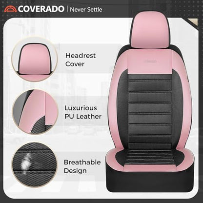 Coverado Car Seat Covers Full Set, Luxury Leather Car Seat Covers, Automotive Front and Rear Mesh Seat Covers, Full Set 5 Seats, Pink Black Seat Covers for SUV Sedan Truck - color: Pink&Black, size: FullSet