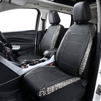 Flying Banner car seat Covers Faux Leather Waterproof Easy Clean Easy Installation (Leopard Gray Leather Black, 2 Fronts) - color: Leopard Gray Leather Black