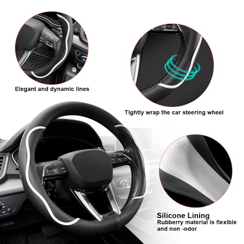 Nappa Leather Steering Wheel Cover. Stylish Striped Design, Universal fit for 14.5–15-inch Steering Wheels, Slip-Resistant and Breathable, Protects the Steering Wheel.Black and White - color: Black and White