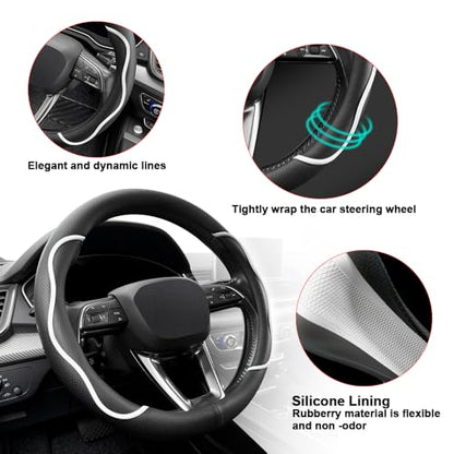 Nappa Leather Steering Wheel Cover. Stylish Striped Design, Universal fit for 14.5–15-inch Steering Wheels, Slip-Resistant and Breathable, Protects the Steering Wheel.Black and White - color: Black and White